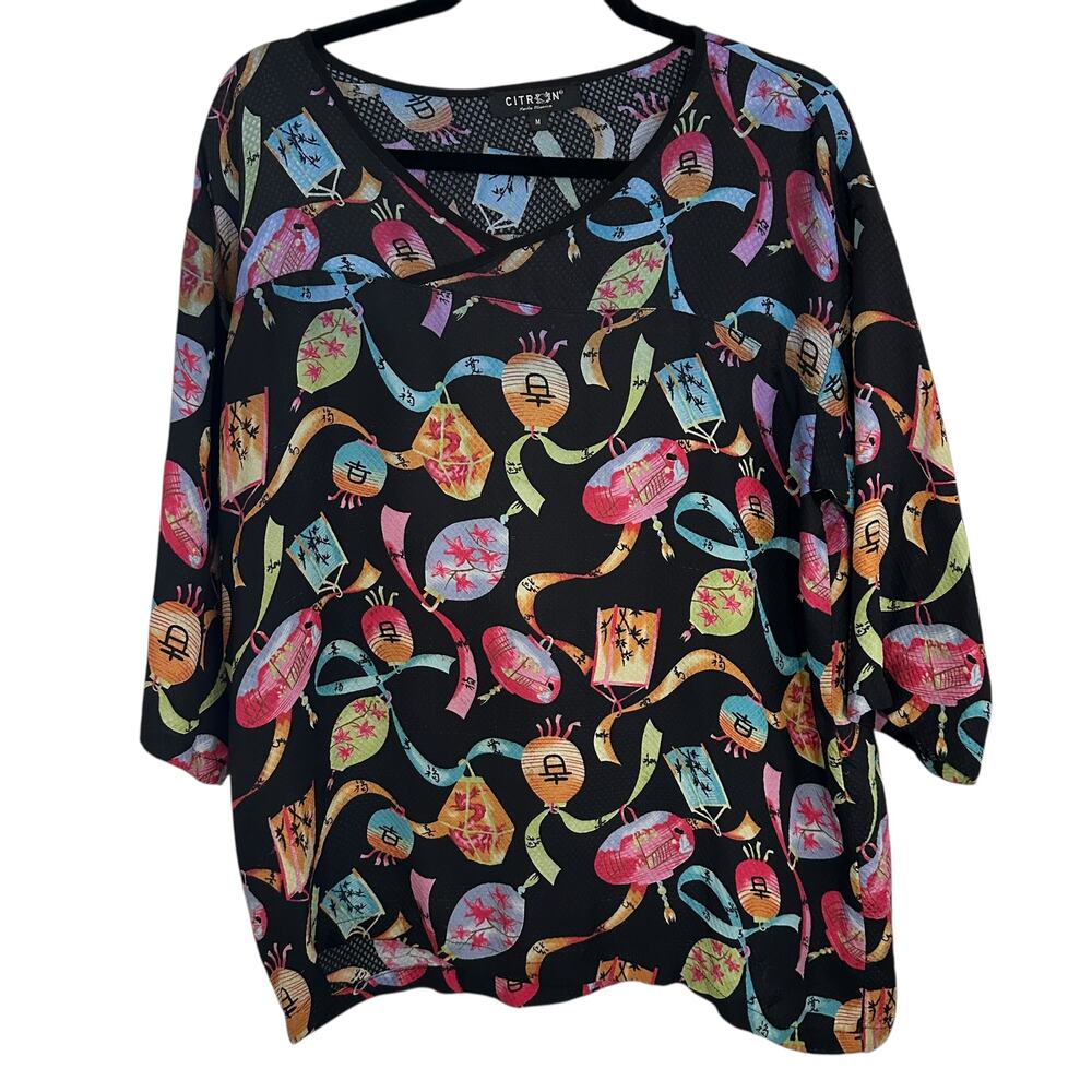 Citron Women's Printed Top Medium Short Sleeve Lightweight Casual Blouse Shirt